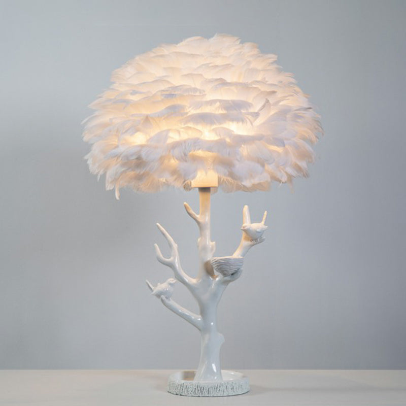 Feather Shade Resin Table Lamp: Artistic Tree Branch Design, Ideal for Living Room Nightstands, White