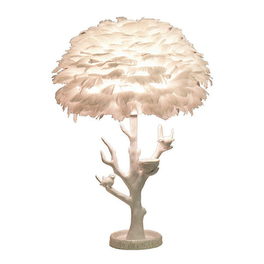 Feather Shade Resin Table Lamp: Artistic Tree Branch Design, Ideal for Living Room Nightstands, White