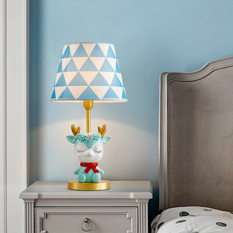 Kids Bedside Nightstand Lamp: Fabric Tapered Drum Table Light with Resin Deer Accent