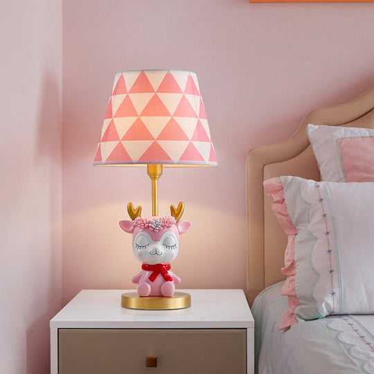 Kids Bedside Nightstand Lamp: Fabric Tapered Drum Table Light with Resin Deer Accent
