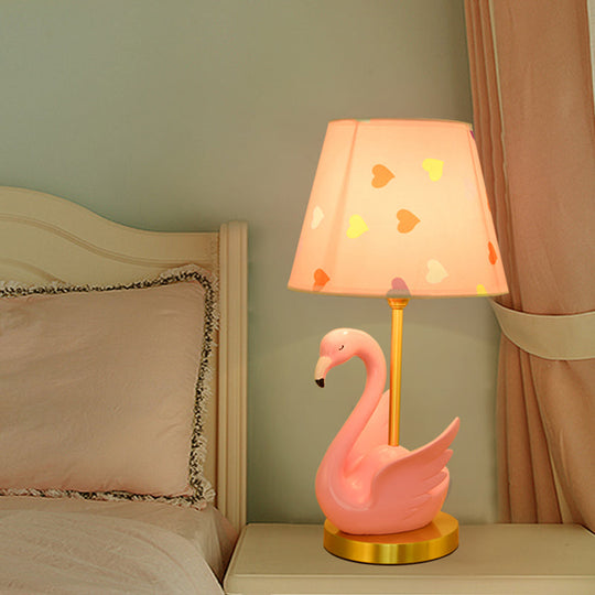 Kids Style Swan Pattern Fabric Nightstand Lamp - Quirky Single Table Lighting with Decorative Bucket Shade