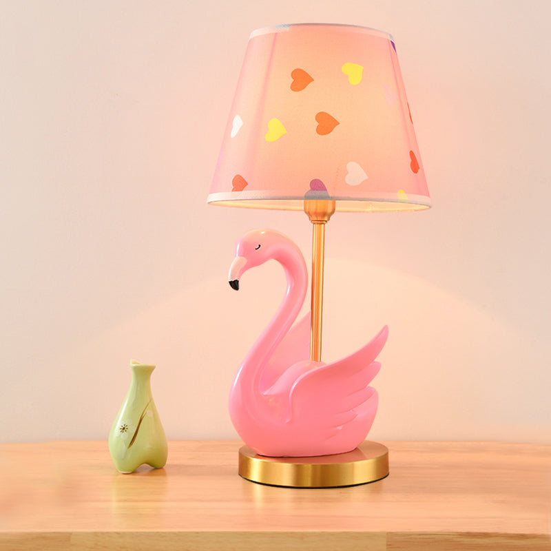 Kids Style Swan Pattern Fabric Nightstand Lamp - Quirky Single Table Lighting with Decorative Bucket Shade
