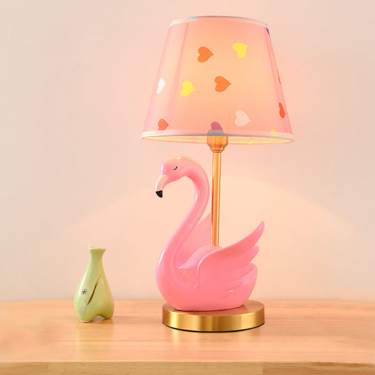 Kids Style Swan Pattern Fabric Nightstand Lamp - Quirky Single Table Lighting with Decorative Bucket Shade