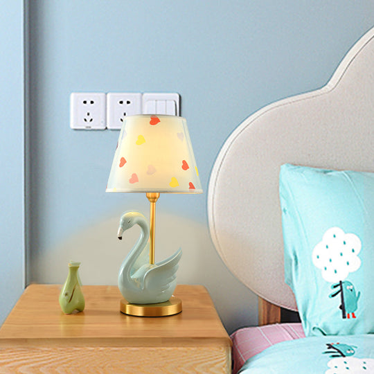 Kids Style Swan Pattern Fabric Nightstand Lamp - Quirky Single Table Lighting with Decorative Bucket Shade