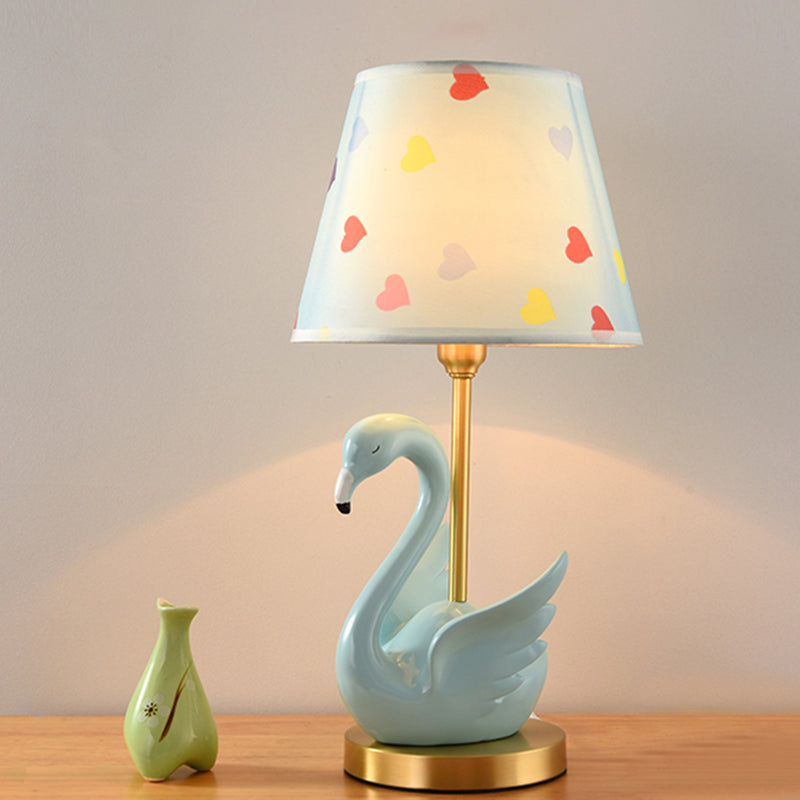 Kids Style Swan Pattern Fabric Nightstand Lamp - Quirky Single Table Lighting with Decorative Bucket Shade