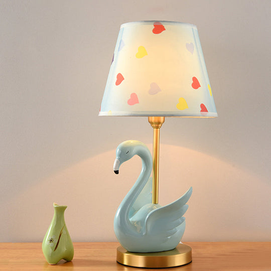 Kids Style Swan Pattern Fabric Nightstand Lamp - Quirky Single Table Lighting with Decorative Bucket Shade
