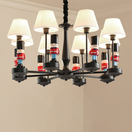 Kids Style Black Tapered Ceiling Lighting with Pleated Fabric Chandelier and Soldier Decor
