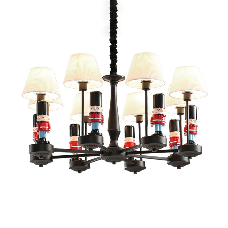 Kids Style Black Tapered Ceiling Lighting with Pleated Fabric Chandelier and Soldier Decor