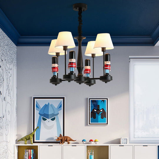 Kids Style Black Tapered Ceiling Lighting with Pleated Fabric Chandelier and Soldier Decor