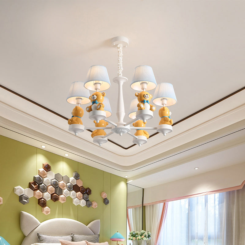 White Pleated Fabric Kids Bucket Chandelier with Decorative Bear – Child Room Pendant Light