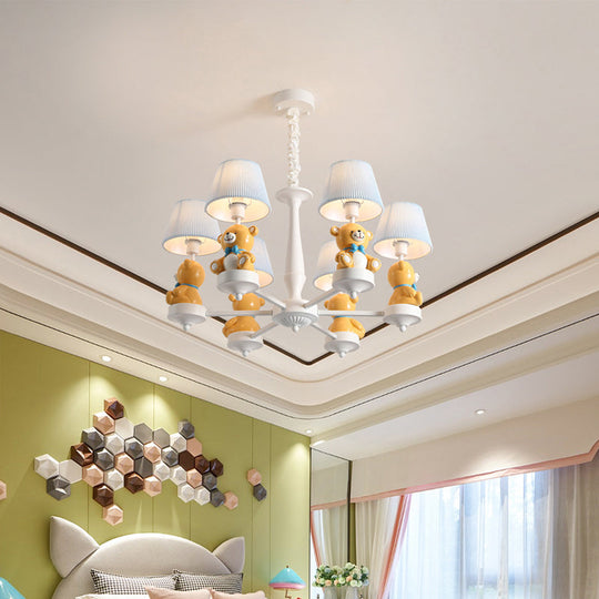 White Pleated Fabric Kids Bucket Chandelier with Decorative Bear – Child Room Pendant Light