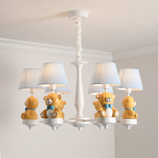 White Pleated Fabric Kids Bucket Chandelier with Decorative Bear – Child Room Pendant Light