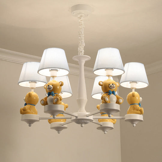 White Pleated Fabric Kids Bucket Chandelier with Decorative Bear – Child Room Pendant Light