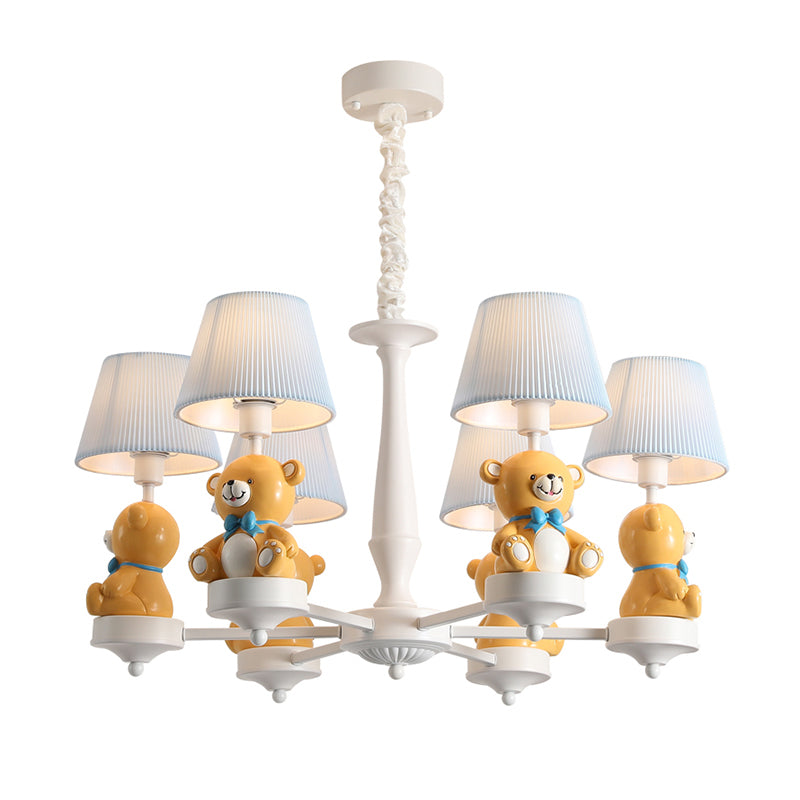 White Pleated Fabric Kids Bucket Chandelier with Decorative Bear – Child Room Pendant Light