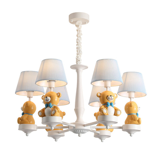 White Pleated Fabric Kids Bucket Chandelier with Decorative Bear – Child Room Pendant Light