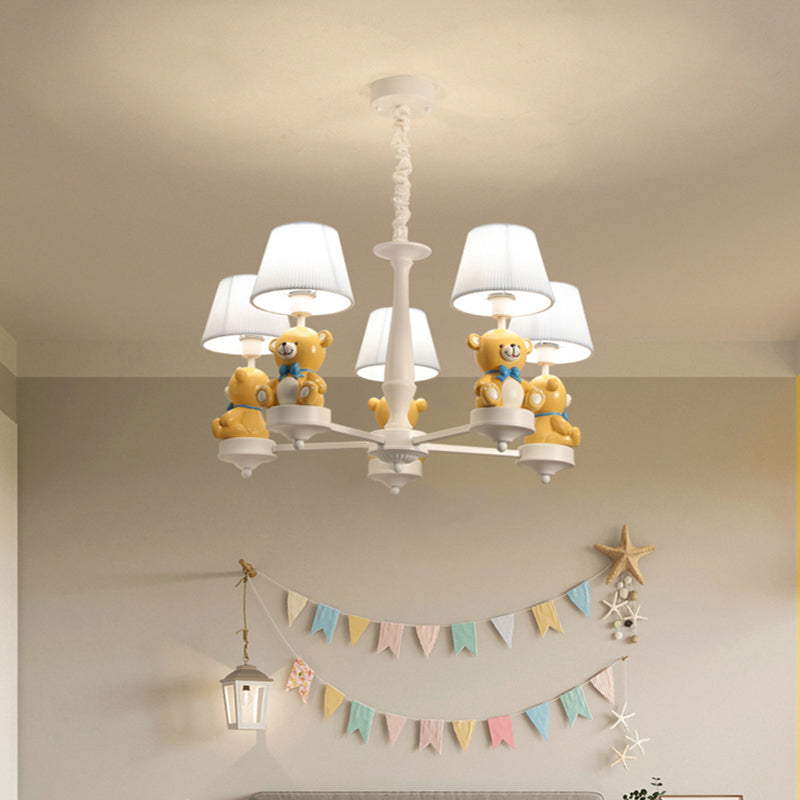 White Pleated Fabric Kids Bucket Chandelier with Decorative Bear – Child Room Pendant Light