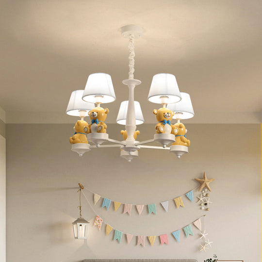 White Pleated Fabric Kids Bucket Chandelier with Decorative Bear – Child Room Pendant Light