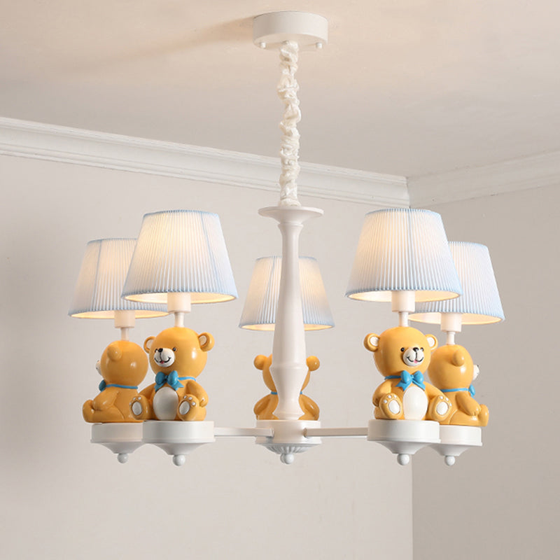 White Pleated Fabric Kids Bucket Chandelier with Decorative Bear – Child Room Pendant Light