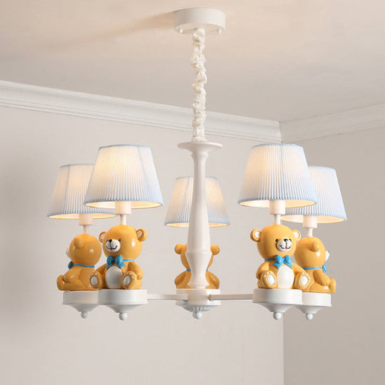 White Pleated Fabric Kids Bucket Chandelier with Decorative Bear – Child Room Pendant Light