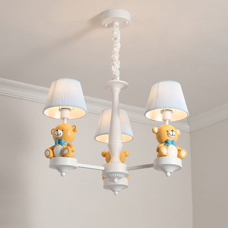 White Pleated Fabric Kids Bucket Chandelier with Decorative Bear – Child Room Pendant Light