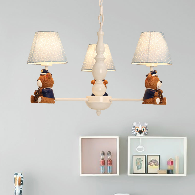 White Resin Bear Ceiling Lighting Chandelier with Fabric Shade - Cartoon-inspired Light Fixture