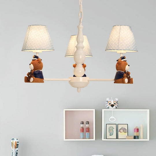 White Resin Bear Ceiling Lighting Chandelier with Fabric Shade - Cartoon-inspired Light Fixture