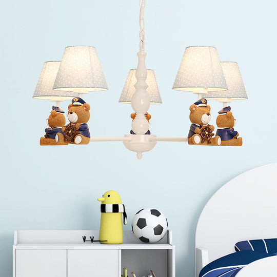 White Resin Bear Ceiling Lighting Chandelier with Fabric Shade - Cartoon-inspired Light Fixture