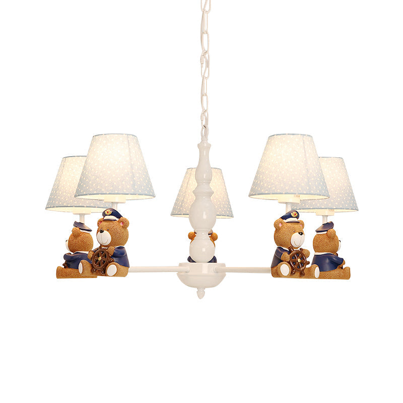 White Resin Bear Ceiling Lighting Chandelier with Fabric Shade - Cartoon-inspired Light Fixture