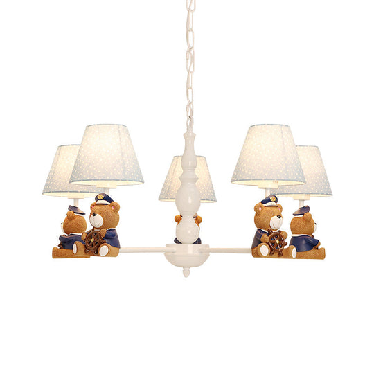 White Resin Bear Ceiling Lighting Chandelier with Fabric Shade - Cartoon-inspired Light Fixture