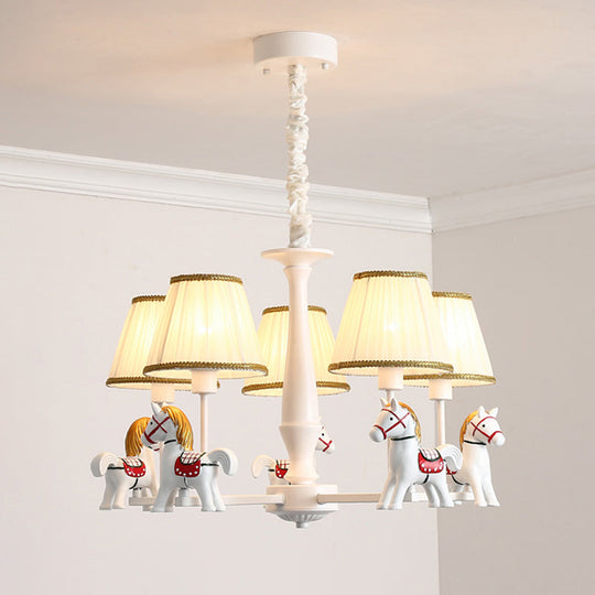 White Cartoon Chandelier with Horse Resin - Pleated Fabric Tapered Ceiling Lighting