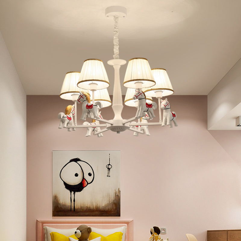 White Cartoon Chandelier with Horse Resin - Pleated Fabric Tapered Ceiling Lighting
