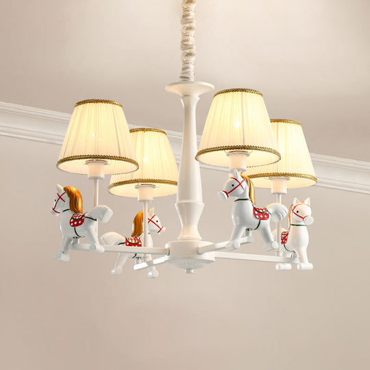 White Cartoon Chandelier with Horse Resin - Pleated Fabric Tapered Ceiling Lighting