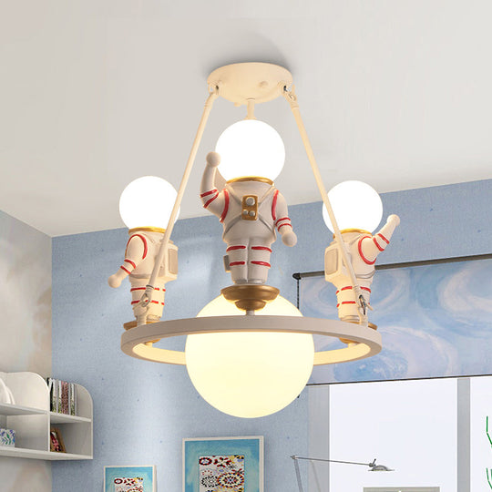 Cartoon Astronaut Resin Chandelier Light for Child's Room with White Acrylic Shade