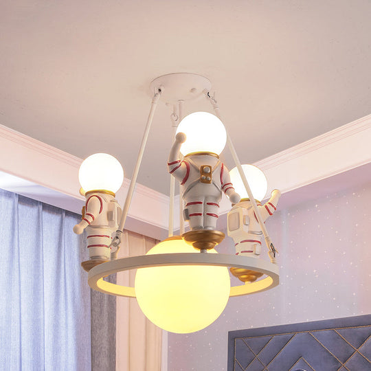 Cartoon Astronaut Resin Chandelier Light for Child's Room with White Acrylic Shade