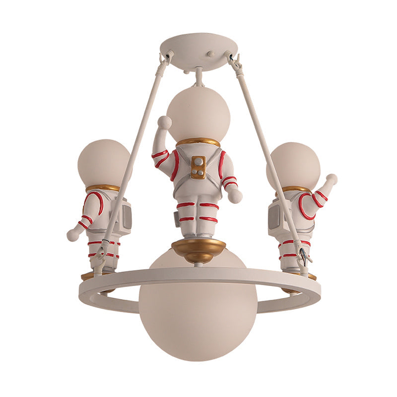 Cartoon Astronaut Resin Chandelier Light for Child's Room with White Acrylic Shade