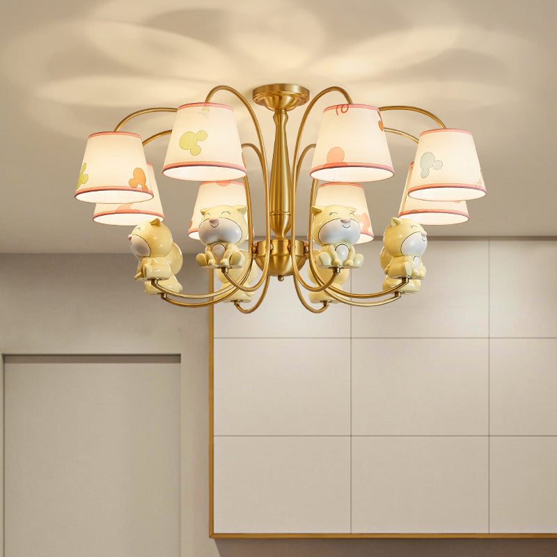 Cartoon Gold Pendant Light with Patterned Fabric, Resin Animal, and Tapered Chandelier Design