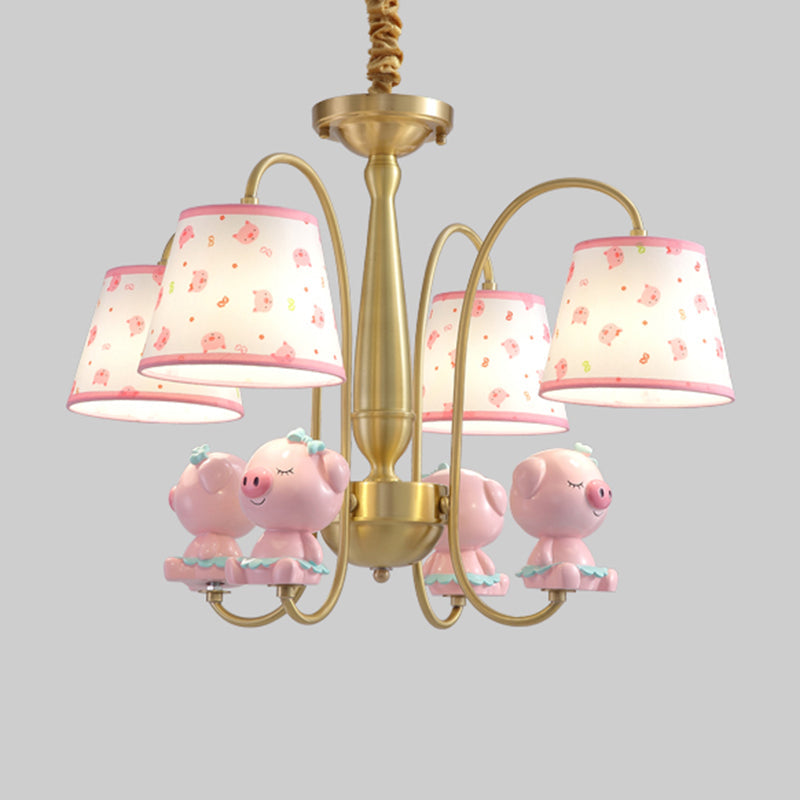 Cartoon Gold Pendant Light with Patterned Fabric, Resin Animal, and Tapered Chandelier Design