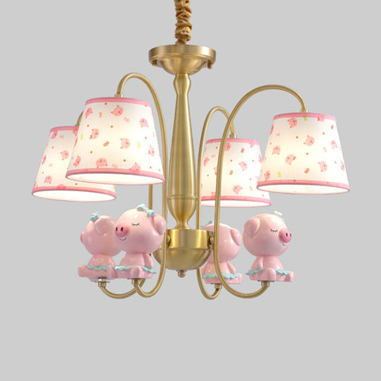 Cartoon Gold Pendant Light with Patterned Fabric, Resin Animal, and Tapered Chandelier Design