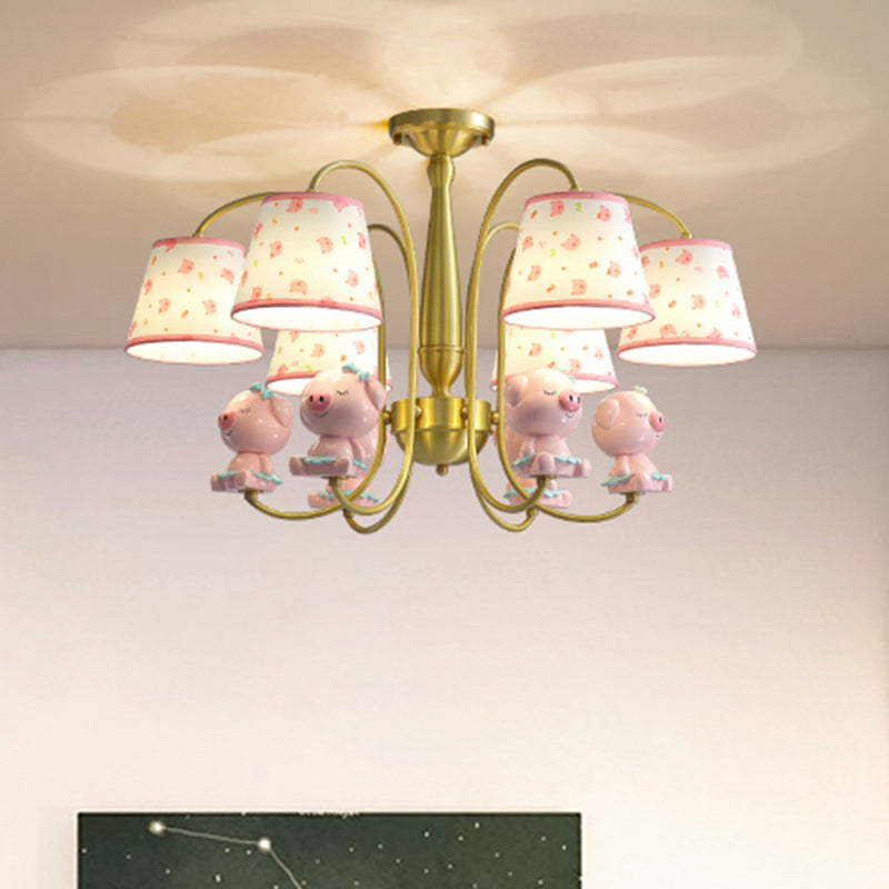 Cartoon Gold Pendant Light with Patterned Fabric, Resin Animal, and Tapered Chandelier Design