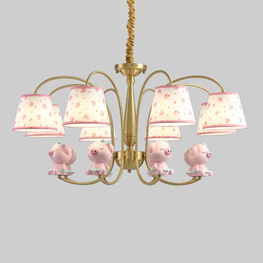 Cartoon Gold Pendant Light with Patterned Fabric, Resin Animal, and Tapered Chandelier Design