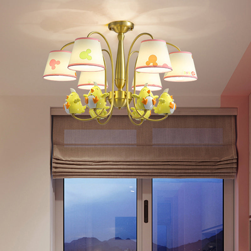 Cartoon Gold Pendant Light with Patterned Fabric, Resin Animal, and Tapered Chandelier Design