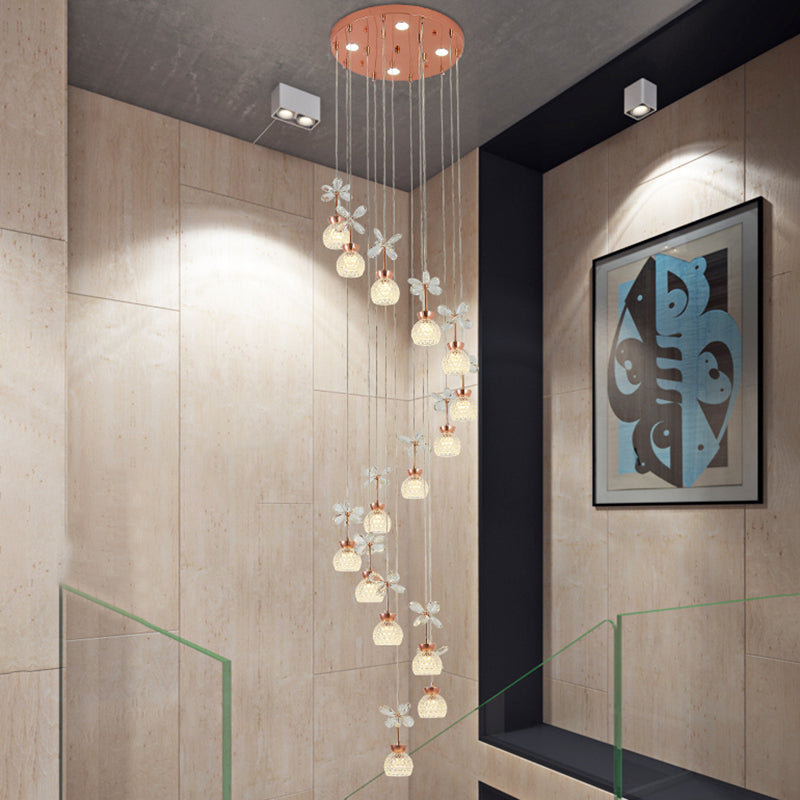 Rose Gold Floral Staircase Multi-Light Pendant with LED Dome Shade