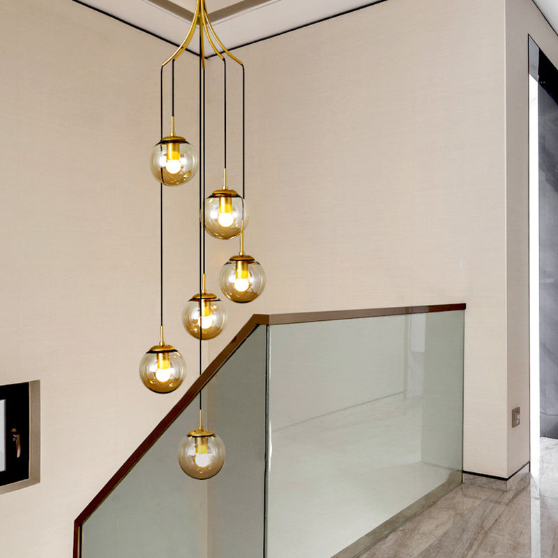 Contemporary Gold Staircase Multi Ceiling Lamp with Frost Glass: Elegant Suspension Light Fixture