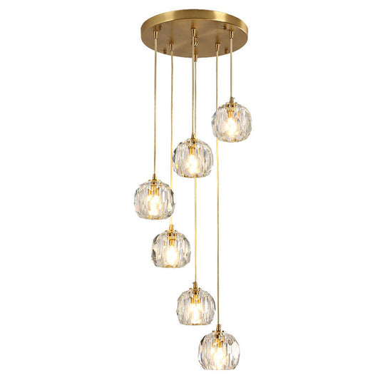 Modern Crystal Pendant Light with Dome Shade, Brass Staircase Suspension Fixture