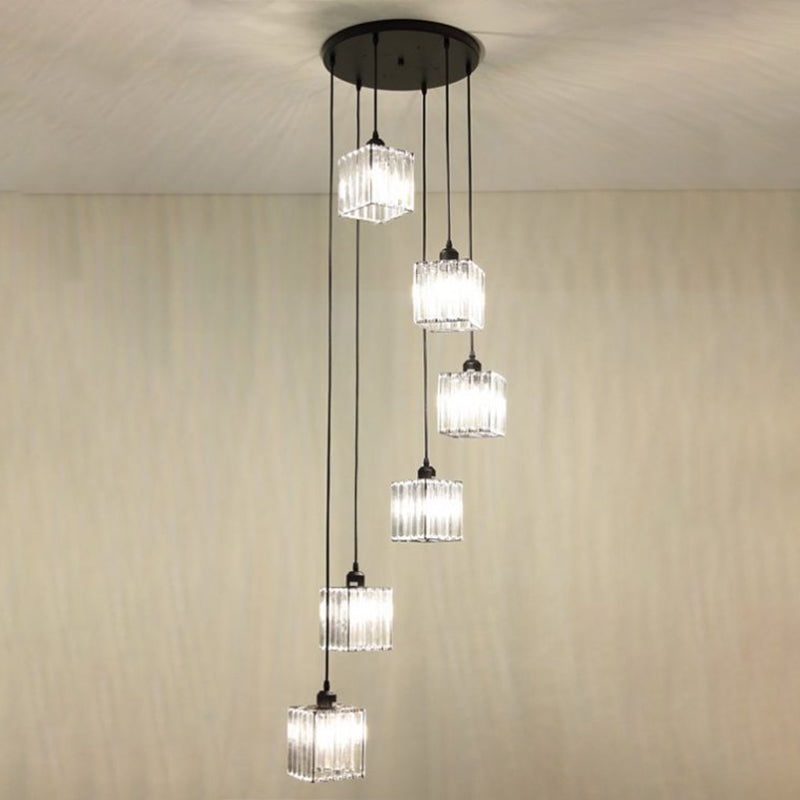 Modern Black Crystal Spiral Cube Pendant Light - 6 Bulbs Multi Light Hanging Fixture