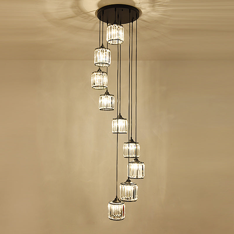 Minimalist Crystal Suspension Light for Staircase - Cylindrical MultiCeiling Lamp