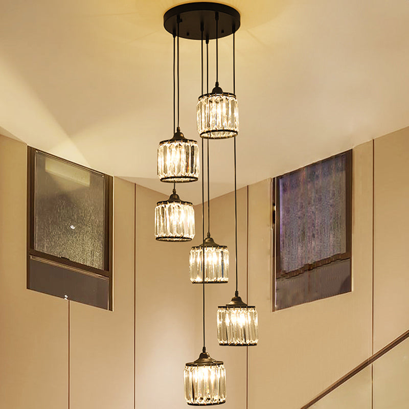 Minimalist Crystal Suspension Light for Staircase - Cylindrical MultiCeiling Lamp