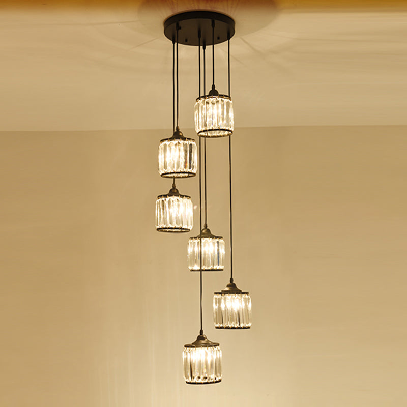 Minimalist Crystal Suspension Light for Staircase - Cylindrical MultiCeiling Lamp