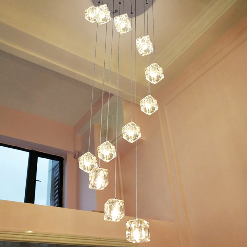 Clear Glass Spiral Square Multi-Light Pendant with 12 Heads - Chrome Finish