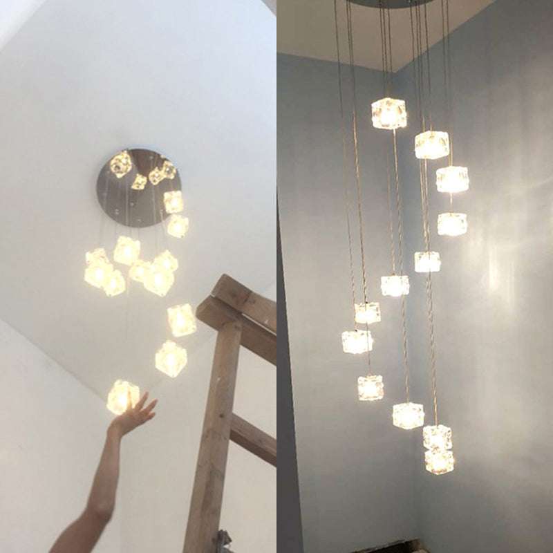 Clear Glass Spiral Square Multi-Light Pendant with 12 Heads - Chrome Finish